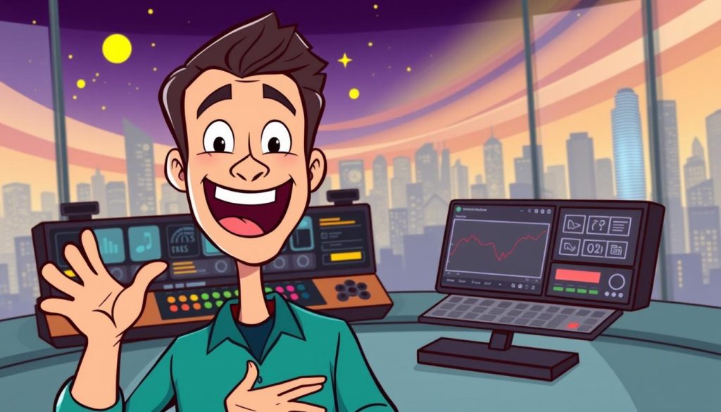 A vibrant and captivating cartoon illustration depicting the process of building a successful YouTube channel focused on reviewing classic films and music. The foreground showcases a charismatic YouTuber enthusiastically explaining the key steps, their face animated with excitement. The middle ground features a stylized control panel with various creative tools and analytics, hinting at the technical aspects of channel management. The background depicts a dynamic cityscape, representing the vibrant online landscape where the channel will thrive. The overall scene conveys a sense of creativity, passion, and the rewarding journey of building an engaging classic media review channel.