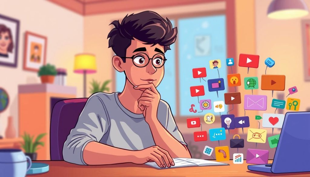 A vibrant and captivating illustration of a person carefully selecting a unique topic for their YouTube channel. The scene depicts a young adult sitting at a desk, surrounded by a variety of colorful icons and symbols representing different subject areas. The foreground features the person deep in thought, their hand on their chin, as they carefully consider their options. The middle ground showcases an array of diverse topics, each represented by distinct visual elements. The background is a warm, inviting space, with soft lighting and a sense of creativity and inspiration. The overall mood is one of thoughtful consideration and the pursuit of a distinct and engaging channel direction. A vibrant and captivating illustration of a person carefully selecting a unique topic for their YouTube channel. The scene depicts a young adult sitting at a desk, surrounded by a variety of colorful icons and symbols representing different subject areas. The foreground features the person deep in thought, their hand on their chin, as they carefully consider their options. The middle ground showcases an array of diverse topics, each represented by distinct visual elements. The background is a warm, inviting space, with soft lighting and a sense of creativity and inspiration. The overall mood is one of thoughtful consideration and the pursuit of a distinct and engaging channel direction.