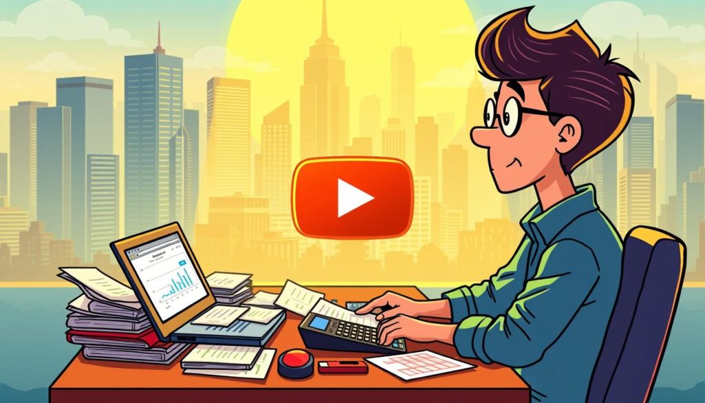 A vibrant and colorful cartoon illustration depicting the calculation of YouTube channel revenue. The foreground shows a character, likely a YouTuber, sitting at a desk surrounded by various financial documents, calculators, and a laptop displaying analytics data. The middle ground features a stylized visualization of the YouTube platform, including the iconic play button icon. The background showcases a dynamic cityscape with skyscrapers, suggesting the scale and scope of the YouTube ecosystem. The scene is illuminated by warm, inviting lighting that creates a sense of productivity and entrepreneurial spirit. The overall mood is one of focus, determination, and the pursuit of financial success through content creation.