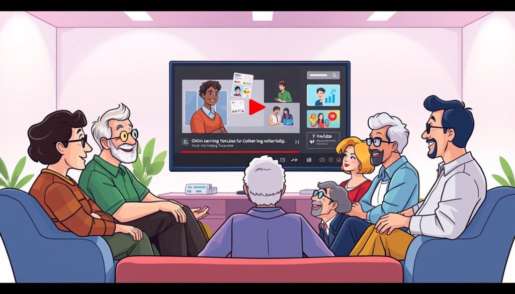 A vibrant and colorful digital illustration showcasing a diverse group of middle-aged individuals engaged in online learning on YouTube. The scene depicts a lively and welcoming atmosphere, with cartoon-style characters of various ethnicities and genders sitting comfortably around a large screen displaying educational video content. The foreground features expressive faces, gestures, and interactions, conveying a sense of curiosity, collaboration, and enthusiasm for learning new technological skills. The middle ground showcases a modern, minimalist workspace with clean lines, bright lighting, and subtle technological elements. The background fades into a soft, gradient-based environment, accentuating the focus on the central learning activity. The overall composition and palette evoke a sense of approachability, accessibility, and the transformative power of online educational resources for the middle-aged demographic.