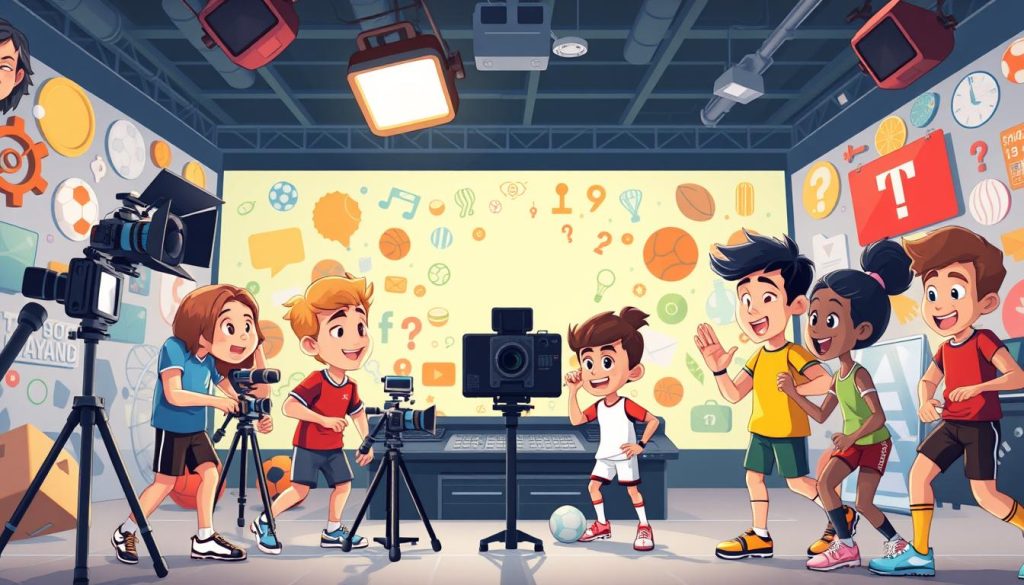 A vibrant and dynamic YouTube sports channel featuring a diverse array of creative concepts. In the foreground, a group of animated athletes engage in various sporting activities, their expressions and body language conveying a sense of camaraderie and friendly competition. The middle ground showcases a stylized studio setting, complete with cameras, lighting equipment, and a sleek control panel, hinting at the production value and professionalism of the channel. In the background, a collage of sports-themed illustrations and icons creates a visually engaging and immersive environment. The overall atmosphere exudes a youthful, energetic, and innovative spirit, perfectly capturing the essence of a forward-thinking sports-focused YouTube channel.