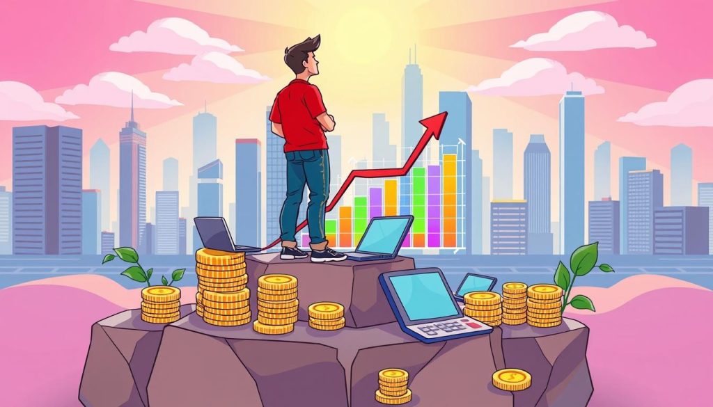 A vibrant and dynamic cartoon scene depicting a person standing on a sturdy platform, surrounded by various elements that symbolize the key factors to achieving financial success. In the foreground, there are stacks of coins, a laptop, and a calculator, representing the tools and resources needed for income generation. The middle ground features a colorful graph chart, showcasing the growth and progress of the individual's earnings. In the background, a cityscape with modern skyscrapers and a bright, sun-filled sky create an atmosphere of optimism and opportunity. The overall mood is one of empowerment, determination, and the belief that with the right strategies and mindset, the goal of financial security can be achieved. A vibrant and dynamic cartoon scene depicting a person standing on a sturdy platform, surrounded by various elements that symbolize the key factors to achieving financial success. In the foreground, there are stacks of coins, a laptop, and a calculator, representing the tools and resources needed for income generation. The middle ground features a colorful graph chart, showcasing the growth and progress of the individual's earnings. In the background, a cityscape with modern skyscrapers and a bright, sun-filled sky create an atmosphere of optimism and opportunity. The overall mood is one of empowerment, determination, and the belief that with the right strategies and mindset, the goal of financial security can be achieved.