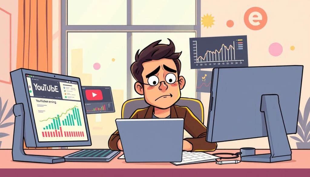 A vibrant and dynamic illustration of a YouTuber scrutinizing their YouTube earnings, surrounded by charts, graphs, and digital devices. The scene is set in a modern, minimalist office space, with large windows letting in warm, natural lighting. The YouTuber, portrayed as a stylized, cartoon-like character, is deep in concentration, analyzing data and financial reports on multiple screens, their expression one of both concern and determination. The background features playful, abstract shapes and patterns, hinting at the digital nature of the YouTuber's work. The overall mood conveys the complexity and challenges of monetizing a YouTube channel, while also suggesting the YouTuber's passion and dedication to their craft.