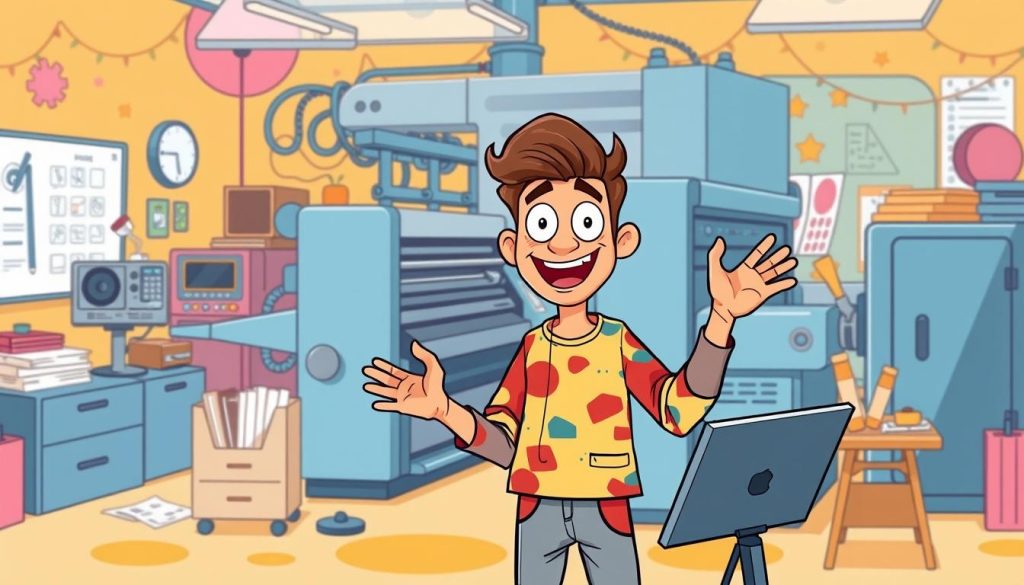 A vibrant and dynamic illustration of a cheerful graphic designer enthusiastically creating content for a YouTube channel dedicated to a modern printing press. The foreground depicts the designer, dressed in a colorful outfit, gesturing animatedly while surrounded by various creative tools and equipment. The middle ground showcases the printing press, its intricate machinery and mechanisms, conveying the technical aspects of the printing process. The background features a warm, inviting studio setting with vibrant colors, whimsical patterns, and a sense of energy and inspiration. The overall composition evokes a playful, informative, and engaging atmosphere, reflecting the importance of a dynamic online presence for a thriving printing business.
