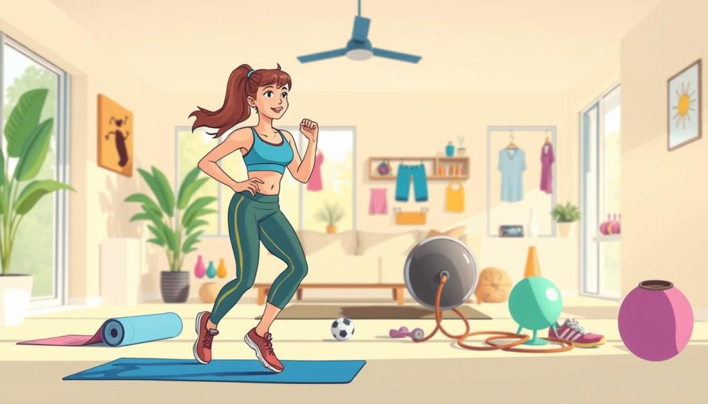 A vibrant and dynamic scene depicting the active lifestyle of a sports enthusiast. In the foreground, a young athlete in sleek, colorful athletic wear is mid-stride, engaging in a lively workout routine. The middle ground showcases an array of sports equipment and accessories, from a yoga mat to a jump rope, highlighting the diverse activities that contribute to a well-rounded fitness regimen. The background features a modern, minimalist home setting with large windows, allowing natural light to pour in and create a sense of openness and energy. The overall mood is one of vitality, balance, and a commitment to a healthy, active lifestyle.