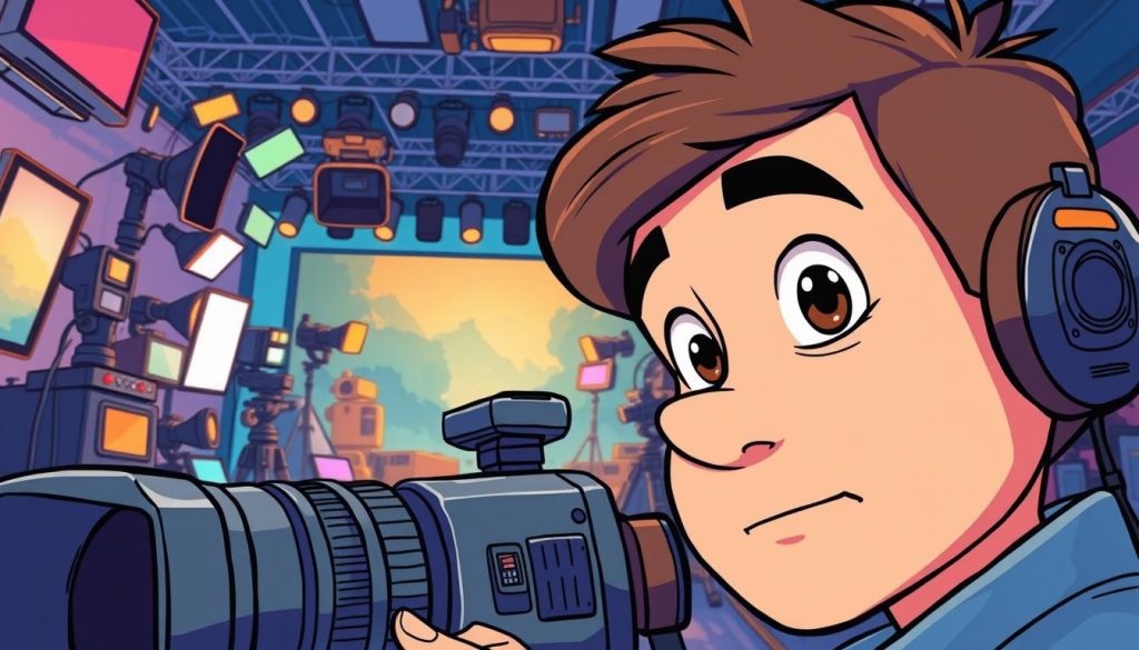 A vibrant and dynamic scene depicting the art of videography, captured through a whimsical cartoon lens. In the foreground, a filmmaker with a retro-style camera peers through the viewfinder, their expression one of intense focus. The middle ground showcases a variety of camera angles and shots, from sweeping panoramas to dramatic close-ups, all surrounded by a colorful and playful backdrop of studio equipment, lighting rigs, and technical gadgets. The overall atmosphere is one of creativity, experimentation, and the joy of visual storytelling, perfectly capturing the essence of "creating captivating video content."