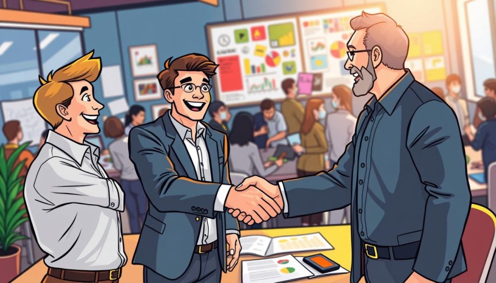 A vibrant and dynamic scene showcasing the process of attracting sponsorships and collaborating with brands. In the foreground, a cheerful and enthusiastic business person shakes hands with a representative from a prominent brand, sealing a partnership agreement. In the middle ground, a team of creatives brainstorm ideas, surrounded by colorful charts and graphs, as they strategize ways to leverage the brand's resources. In the background, a bustling office environment with people engaged in various tasks, reflecting the energy and excitement of the collaborative effort. The lighting is warm and inviting, creating a sense of positivity and optimism. The overall composition captures the essence of the "Strategies for Attracting Sponsors and Collaborating with Brands" section, conveying the success and opportunities that can arise from these mutually beneficial partnerships.