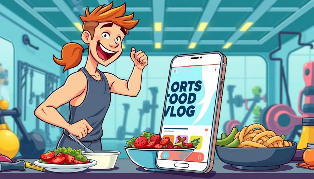 A vibrant and energetic illustration showcasing the importance of a sports-focused food vlog. In the foreground, a sporty character enthusiastically prepares a healthy, protein-rich meal, surrounded by fitness equipment and sports gear. The middle ground features a mobile device displaying the vlog's interface, highlighting its appeal to fitness-conscious viewers. In the background, a dynamic gym or training facility sets the stage, conveying a sense of motivation and wellness. The overall scene radiates a lively, aspirational atmosphere, inviting the viewer to join the journey of discovering delicious and nutritious meals for an active lifestyle.