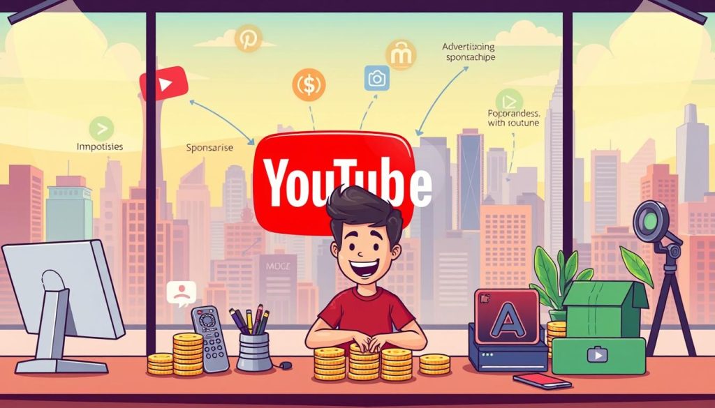 A vibrant and engaging cartoon illustration showcasing the process of monetizing a YouTube channel. In the foreground, a cheerful YouTuber sits at a desk, surrounded by a stack of coins, a computer, and a variety of content creation tools. The middle ground features a stylized YouTube logo and various revenue streams such as advertising, sponsorships, and merchandise. The background depicts a bustling cityscape, hinting at the global reach and potential for success on the platform. The scene is bathed in a warm, inviting color palette, conveying a sense of optimism and financial empowerment for aspiring YouTubers. The overall composition aims to inspire and guide viewers on their journey to generating sustainable income from their YouTube channel.
