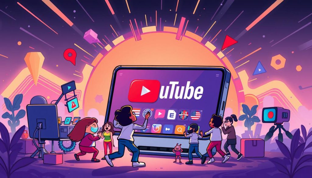 A vibrant and engaging cartoon-style illustration of YouTube advertising, showcasing a lively scene with various elements. In the foreground, a group of colorful animated characters energetically interact with an oversized smartphone, representing the interactive nature of YouTube ads. The middle ground features a dynamic backdrop of pulsing shapes, gradients, and abstract patterns, creating a visually striking and eye-catching composition. The background suggests a futuristic or digital environment, with subtle neon accents and a sense of depth and dimension. The overall mood is energetic, playful, and visually compelling, effectively capturing the essence of YouTube advertising and its potential for creative expression.