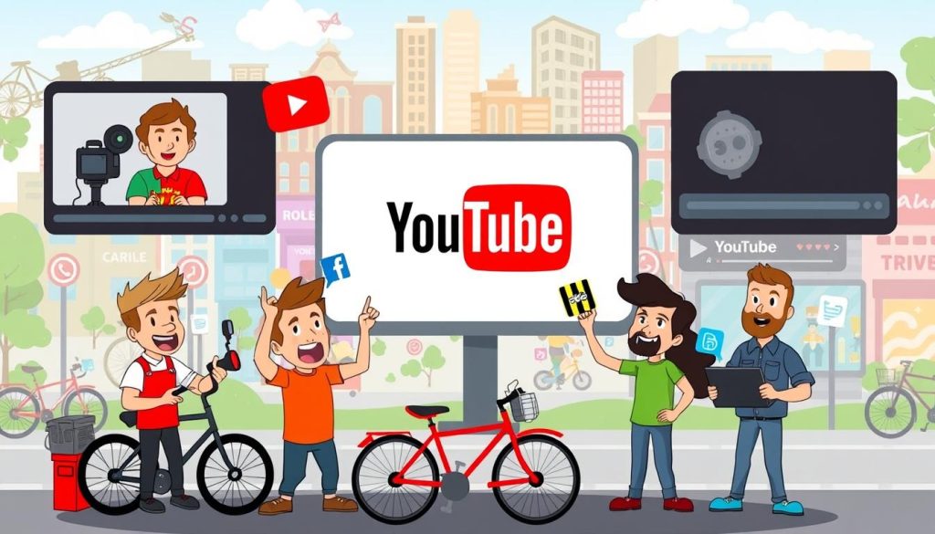 A vibrant and engaging cartoon-style image showcasing various ways to promote a YouTube channel focused on bicycle repair and related services. The foreground features a group of animated characters enthusiastically sharing and engaging with the channel's content, including filming videos, creating thumbnails, and using social media platforms. The middle ground showcases the YouTube platform, with a stylized logo and UI elements. The background depicts a lively, colorful cityscape with bicycles, repair shops, and other elements relevant to the channel's niche. The overall atmosphere is playful, energetic, and designed to capture the attention of the target audience for the YouTube channel. A vibrant and engaging cartoon-style image showcasing various ways to promote a YouTube channel focused on bicycle repair and related services. The foreground features a group of animated characters enthusiastically sharing and engaging with the channel's content, including filming videos, creating thumbnails, and using social media platforms. The middle ground showcases the YouTube platform, with a stylized logo and UI elements. The background depicts a lively, colorful cityscape with bicycles, repair shops, and other elements relevant to the channel's niche. The overall atmosphere is playful, energetic, and designed to capture the attention of the target audience for the YouTube channel.