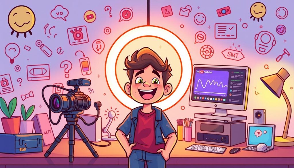 A vibrant and engaging illustration of the process of starting a YouTube channel. Depicted in a whimsical, cartoon-style, the scene features a young, energetic creator surrounded by the essential elements of a successful channel launch - a sleek camera, a ring light casting a warm glow, a desktop computer displaying analytics, and an array of creative tools. The background is filled with playful iconography representing the various stages of the journey, from ideation to filming, editing, and publishing. The overall mood is one of excitement, creativity, and a sense of possibility, perfectly capturing the spirit of building a thriving YouTube channel.