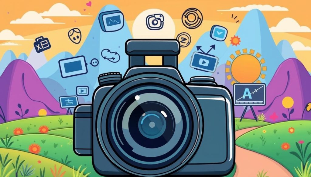 A vibrant and engaging illustration of "video quality" for a technology and mobile tutorial channel targeted at middle-aged adults. In the foreground, a stylized video camera takes center stage, its lens gleaming with attention to detail. The middle ground showcases various video editing tools and software, represented by intuitive icons and symbols. In the background, a dynamic and colorful landscape unfolds, filled with dynamic shapes and playful patterns that evoke a sense of creative energy and technological prowess. The overall mood is one of approachability, professionalism, and a touch of whimsy, perfectly suited for the section on "key points for improving video quality and appeal."