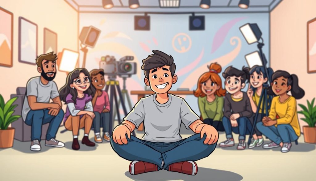 A vibrant and engaging scene showcasing a content creator actively engaging with their audience. In the foreground, a friendly YouTuber sits cross-legged, smiling warmly as they interact with a group of cartoon-style viewers, each expressing enthusiasm and interest. The middle ground features a well-equipped studio setup, with modern filming equipment and a cozy, inviting atmosphere. The background depicts a dynamic, colorful backdrop, evoking a sense of creativity and connection. Soft, diffused lighting casts a welcoming glow, emphasizing the positive, collaborative energy between the creator and their audience. An overall atmosphere of warmth, interactivity, and genuine engagement, reflecting the section's focus on increasing audience interaction.