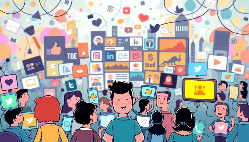 A vibrant and engaging social media landscape, bustling with interconnected platforms and digital interactions. In the foreground, stylized avatars and icons representing various social apps, their interfaces shimmering with a warm, inviting glow. In the middle ground, a collage of curated content - eye-catching images, engaging videos, and lively discussions. The background features a colorful, abstract backdrop, hinting at the boundless potential of online communities. The overall scene conveys a sense of digital connectivity, creativity, and the power of social networks to amplify and share ideas. The whimsical, cartoon-like style adds a playful and approachable tone, inviting the viewer to explore the dynamic world of social media.