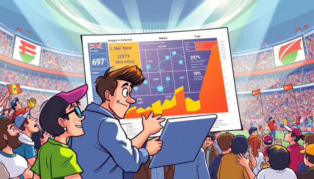 A vibrant and expressive cartoon scene depicting the analysis of audience behavior. In the foreground, a group of diverse characters - sports fans, media pundits, and data analysts - closely examining a large, colorful graph or chart that showcases fan engagement metrics, social media trends, and viewer sentiment. The middle ground features a lively stadium or arena backdrop, with crowds cheering and waving team flags. The lighting is bright and dynamic, creating a sense of energy and excitement. The overall composition conveys a sense of deep insight and understanding into the complex world of audience behavior and fan engagement.