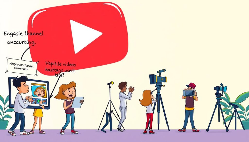 A vibrant and eye-catching cartoon scene depicting various YouTube advertising strategies. In the foreground, a group of animated characters promote their channel through engaging thumbnails, captivating video titles, and strategic use of hashtags. The middle ground showcases a YouTuber filming content with professional lighting and camera equipment, while in the background, a giant YouTube logo looms, symbolizing the platform's vast reach. The composition is dynamic, with a playful color palette and a sense of movement, capturing the dynamic nature of YouTube marketing for a crafts and DIY channel targeting adult audiences. A vibrant and eye-catching cartoon scene depicting various YouTube advertising strategies. In the foreground, a group of animated characters promote their channel through engaging thumbnails, captivating video titles, and strategic use of hashtags. The middle ground showcases a YouTuber filming content with professional lighting and camera equipment, while in the background, a giant YouTube logo looms, symbolizing the platform's vast reach. The composition is dynamic, with a playful color palette and a sense of movement, capturing the dynamic nature of YouTube marketing for a crafts and DIY channel targeting adult audiences.