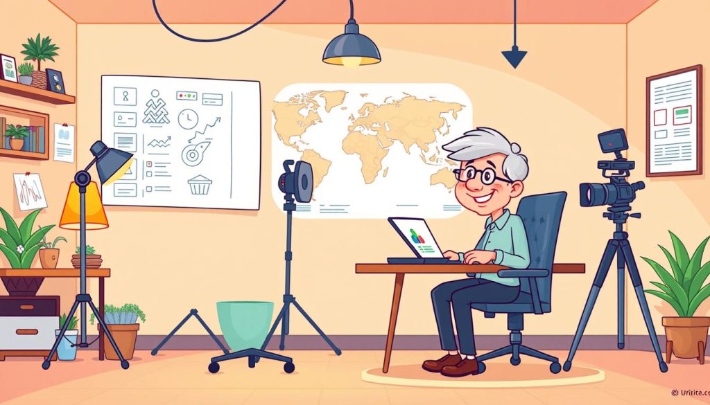 A vibrant and informative illustration of a successful YouTube channel for financial management and personal savings, aimed at the 40+ demographic. The scene depicts a warm, welcoming workspace with a modern desk, ergonomic chair, and a cozy lamp. In the foreground, a cheerful animated character, possibly a relatable older adult, sits at the desk, surrounded by helpful icons and visual aids. The middle ground showcases a production setup with a high-quality camera, microphone, and lighting equipment, hinting at the technical aspects of running a professional YouTube channel. In the background, a world map or infographic elements provide a sense of the educational and informative nature of the content. The overall atmosphere conveys a sense of expertise, approachability, and a dedication to guiding the target audience towards better financial practices.