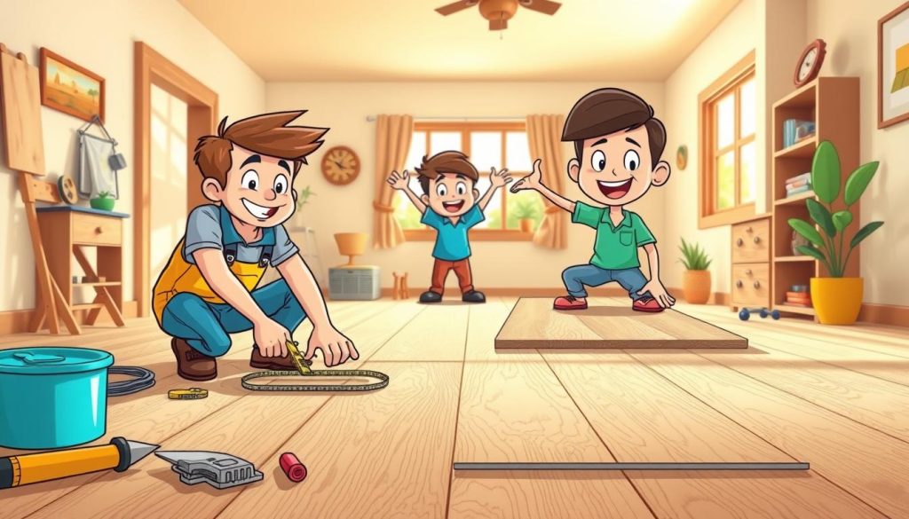 A vibrant and informative step-by-step tutorial on installing flooring, showcasing a whimsical cartoon-style setting. The foreground depicts a friendly DIY-er carefully measuring and cutting vinyl plank flooring, surrounded by essential tools like a mallet and utility knife. In the middle ground, an animated character proudly installs the new flooring, their expressions conveying the satisfaction of a job well done. The background features a cozy, sun-filled interior with warm wooden accents, inviting the viewer to imagine the transformed space. Bright, cheerful lighting sets an upbeat, encouraging tone, inspiring viewers to tackle their own home improvement projects with confidence.