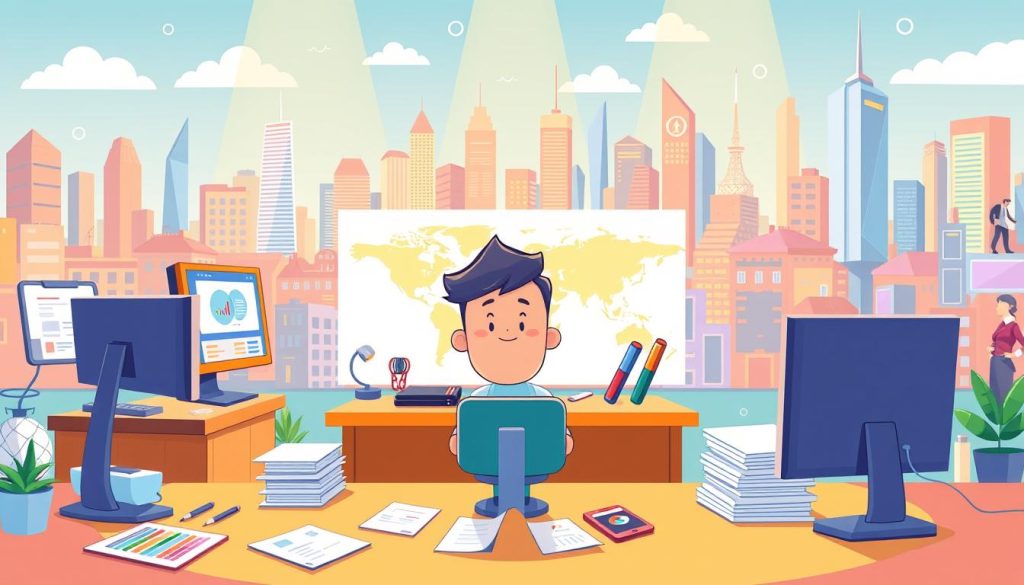 A vibrant and playful illustration of an Adsense application process. In the foreground, a friendly cartoon character sitting at a desk, surrounded by computer screens, paperwork, and icons representing the various Adsense features. The middle ground showcases a world map, highlighting the global reach of Adsense. In the background, a colorful cityscape with skyscrapers and tech-savvy individuals, representing the interconnected digital landscape. The scene is illuminated by warm, inviting lighting, conveying a sense of ease and approachability in the Adsense application experience.