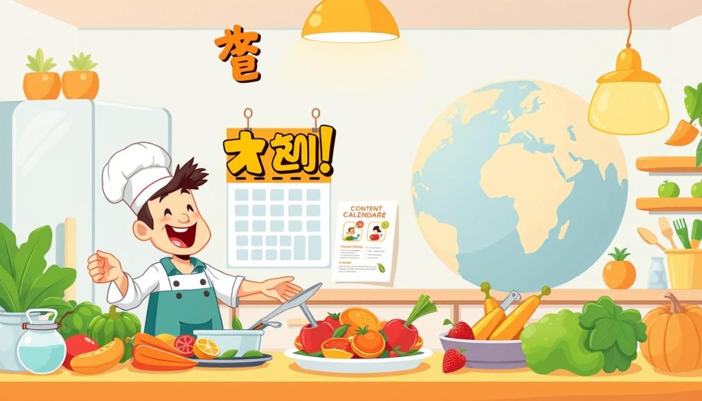 A vibrant and playful illustration showcasing the "استراتژی محتوا" for a healthy cooking YouTube channel. Set in a stylized kitchen, the foreground features a chef-like character enthusiastically preparing a nutritious meal, surrounded by fresh produce and cooking utensils. The middle ground showcases a content calendar and planning tools, emphasizing the importance of organized content creation. In the background, a large, whimsical globe represents the global reach and impact of the channel's healthy recipes and dietary advice for middle-aged viewers. The scene is lit by warm, golden tones, creating a cozy and inviting atmosphere. The overall aesthetic is a charming, cartoon-like style that resonates with the target audience.