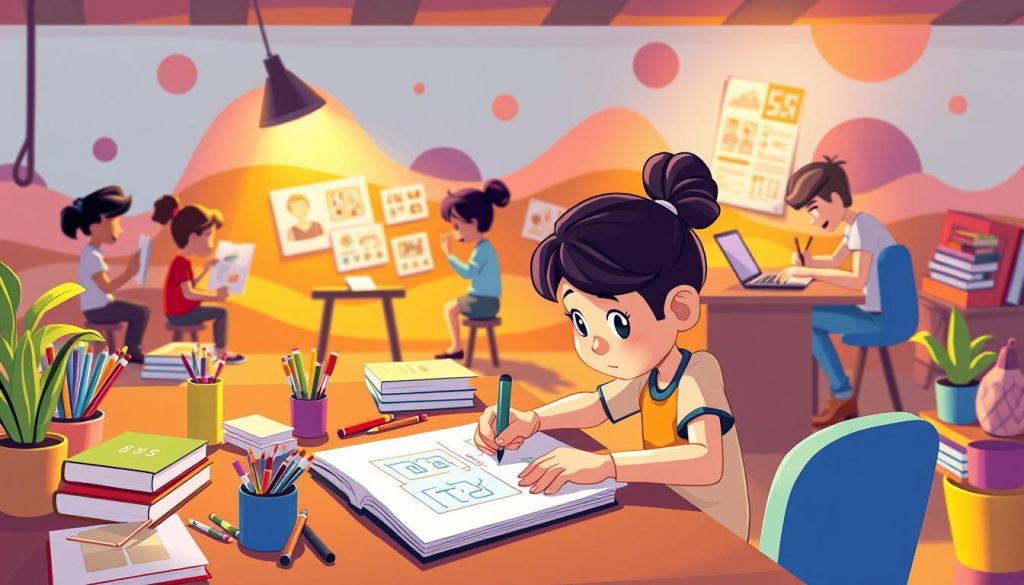 A vibrant and playful scene depicting the creation of educational content. In the foreground, an animated character sits at a desk, thoughtfully drafting ideas on a notebook. Surrounding them, colorful art supplies, books, and a laptop hint at the process of content production. In the middle ground, additional characters collaborate, sketching storyboards and animating graphics. The background features a dynamic, abstract landscape, with shapes and patterns that evoke a sense of learning and creativity. Warm lighting casts a cozy, inviting atmosphere, encouraging the viewer to immerse themselves in the process of educational content creation.