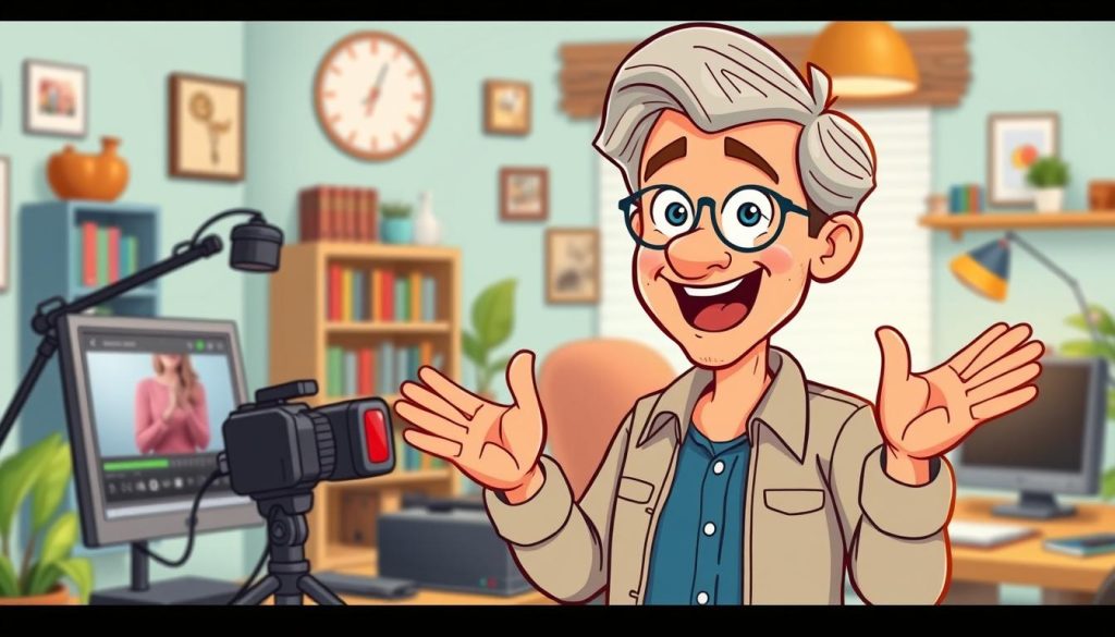A vibrant and visually engaging YouTube channel, featuring a dynamic middle-aged character exploring a career change. The foreground showcases the character enthusiastically presenting content, gesturing and speaking with expressive animation. The middle ground highlights various YouTube-inspired elements, such as a microphone, camera, and video editing software, reflecting the technical aspects of content creation. The background depicts a cozy, home-office setting, with bookshelves, a desk, and warm lighting, conveying a sense of comfort and productivity. The overall mood is one of excitement, inspiration, and a welcoming atmosphere, inviting the viewer to engage with the channel's engaging and relatable content. A vibrant and visually engaging YouTube channel, featuring a dynamic middle-aged character exploring a career change. The foreground showcases the character enthusiastically presenting content, gesturing and speaking with expressive animation. The middle ground highlights various YouTube-inspired elements, such as a microphone, camera, and video editing software, reflecting the technical aspects of content creation. The background depicts a cozy, home-office setting, with bookshelves, a desk, and warm lighting, conveying a sense of comfort and productivity. The overall mood is one of excitement, inspiration, and a welcoming atmosphere, inviting the viewer to engage with the channel's engaging and relatable content.