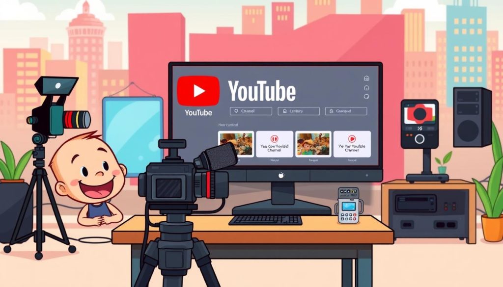 A vibrant and whimsical cartoon scene depicting the setup of a YouTube channel. In the foreground, a cheerful cartoon character sits at a desk, surrounded by an array of colorful equipment - a high-quality camera, a professional microphone, and a powerful computer. The middle ground features a stylized YouTube logo and a selection of customizable channel settings, inviting the viewer to explore the process of configuring a channel's appearance and functionality. The background showcases a lively, animated cityscape, hinting at the potential audience and engagement the channel may attract. The overall mood is one of excitement, creativity, and the thrill of embarking on a new digital adventure.