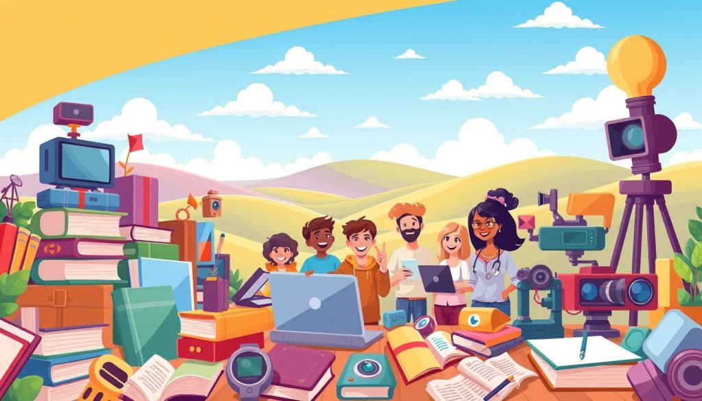 A vibrant and whimsical illustration depicting an array of educational resources and content creation tools. In the foreground, a collection of colorful cartoon-style icons representing various media formats - books, laptops, cameras, and more. In the middle ground, a group of smiling, diverse characters engaged in creative activities such as writing, filming, and designing. The background features a stylized landscape with rolling hills, a bright blue sky, and playful clouds, conveying a sense of imagination and possibility. Warm, natural lighting and a friendly, optimistic atmosphere permeate the scene, inviting the viewer to explore the wealth of educational and creative opportunities available.