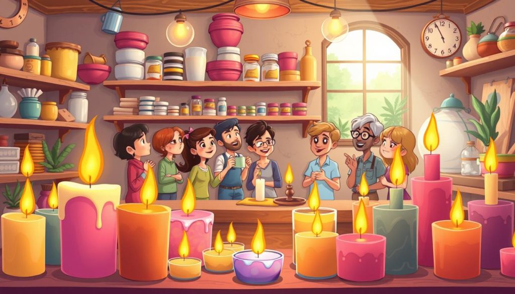 A vibrant and whimsical illustration depicting the creative strategies of a handcrafted candle-making YouTube workshop. The foreground showcases an array of colorful, artfully crafted candles, their flames flickering with a warm, inviting glow. In the middle ground, a group of cartoon characters representing the workshop's target audience - from young DIY enthusiasts to seasoned candle lovers - engage in lively discussions, exchanging ideas and inspiration. The background features a cozy, rustic workshop setting, complete with shelves brimming with wax, wicks, and other supplies. Soft, diffused lighting casts a charming ambiance, while playful, dynamic compositions draw the viewer's eye across the scene, capturing the spirit of creative marketing and audience engagement.