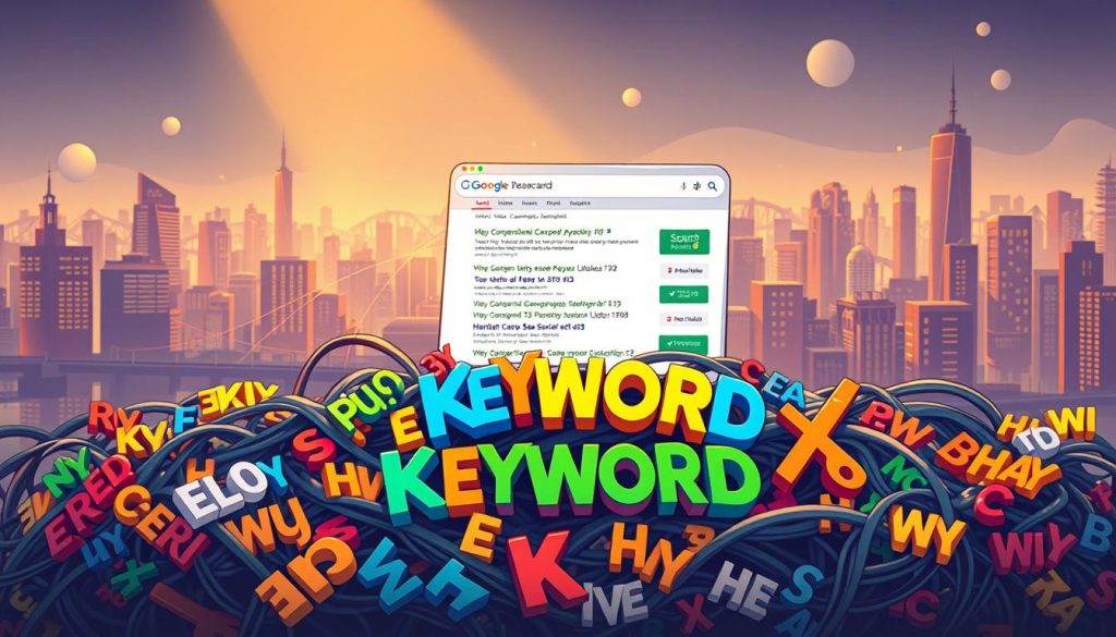 A vibrant and whimsical illustration depicting the interplay between search engine optimization (SEO) and keyword selection. In the foreground, a playful character composed of colorful typographic elements sits amidst a tangled web of keywords, each vying for attention. The middle ground features a search engine results page, with organic rankings and paid advertisements jostling for prominence. In the background, a bustling cityscape of digital infrastructure and connectivity sets the scene. Lighting is warm and inviting, with a touch of playfulness, capturing the importance and dynamism of effective SEO and keyword strategy.