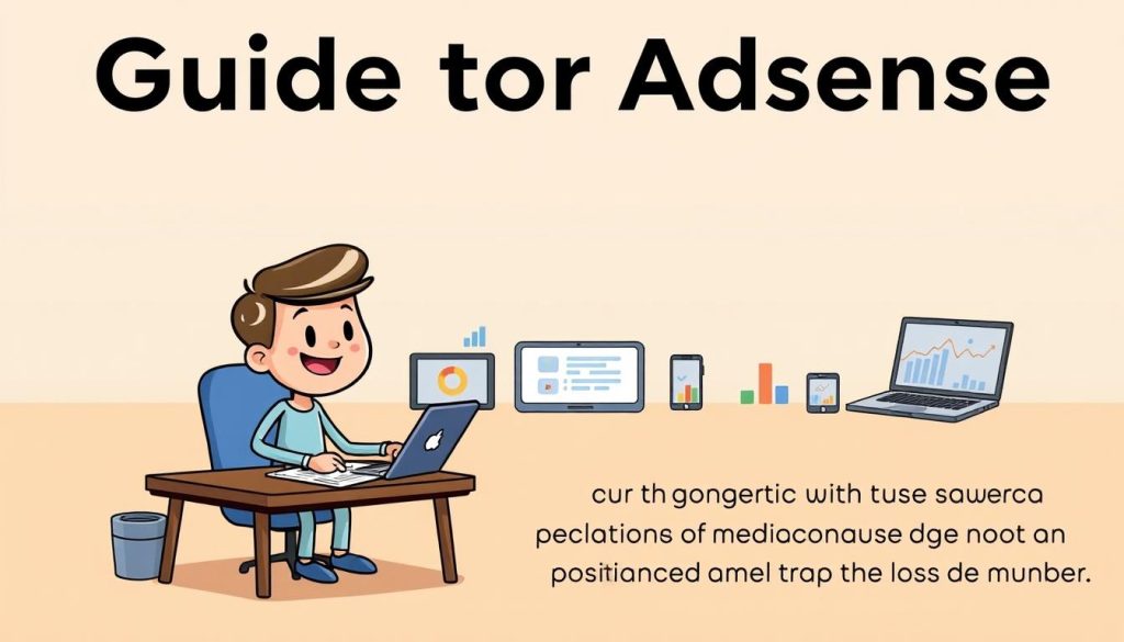 A vibrant and whimsical illustration of a guide to AdSense, featuring a playful cartoon character navigating the complexities of online monetization. The foreground depicts the character, a friendly and approachable figure, sitting at a desk surrounded by colorful charts, graphs, and financial documents. The middle ground showcases a range of digital devices, laptops, and mobile phones, representing the various platforms where AdSense can be implemented. The background is a serene, minimalist setting, with clean lines and soft pastel tones, creating a calming and focused atmosphere. The overall composition conveys a sense of guidance, understanding, and the rewarding potential of AdSense for the user's meditation and mindfulness-focused YouTube channel.