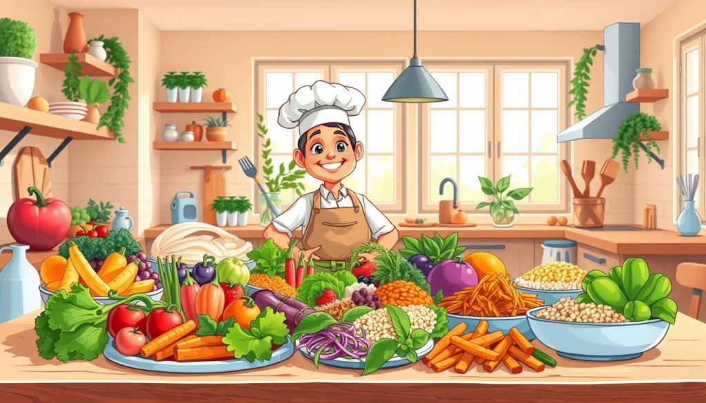 A vibrant and whimsical illustration of a lively kitchen, filled with an array of healthy, freshly prepared dishes. In the foreground, an inviting spread of colorful vegetables, whole grains, and lean proteins, artfully arranged on a wooden table. In the middle ground, a cheerful chef, with an apron and chef's hat, enthusiastically presenting the dishes, their expression radiating a sense of joy and pride. The background features a warm, sun-drenched kitchen, with touches of modern decor and natural light streaming in through large windows. The overall scene conveys a sense of balance, vitality, and a celebration of wholesome, nourishing cuisine, perfectly suited for a health-conscious audience over the age of 40.