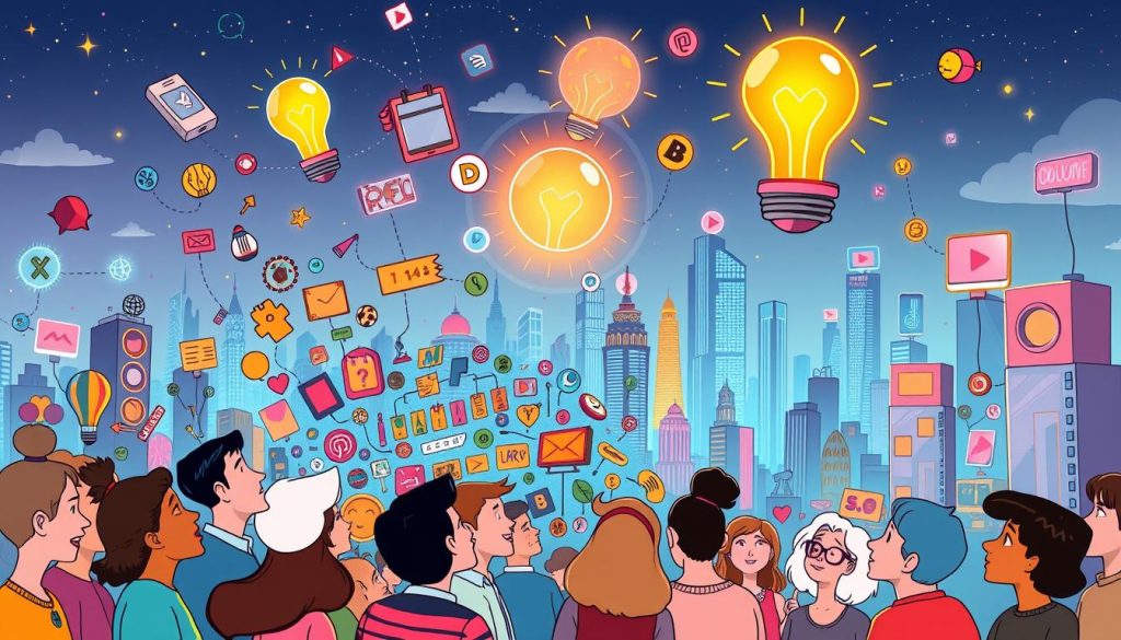 A vibrant and whimsical illustration of innovative ideas for a life coaching YouTube channel. In the foreground, a diverse cast of animated characters brainstorm, their faces lit by the warm glow of a light bulb. In the middle ground, a chaotic collage of conceptual icons and symbols representing personal growth, self-improvement, and life advice. In the background, a dynamic cityscape with futuristic skyscrapers and floating holographic displays, symbolizing the ever-evolving digital landscape. The scene exudes a playful, creative, and forward-thinking atmosphere, capturing the spirit of a channel dedicated to inspiring and empowering viewers over 40. A vibrant and whimsical illustration of innovative ideas for a life coaching YouTube channel. In the foreground, a diverse cast of animated characters brainstorm, their faces lit by the warm glow of a light bulb. In the middle ground, a chaotic collage of conceptual icons and symbols representing personal growth, self-improvement, and life advice. In the background, a dynamic cityscape with futuristic skyscrapers and floating holographic displays, symbolizing the ever-evolving digital landscape. The scene exudes a playful, creative, and forward-thinking atmosphere, capturing the spirit of a channel dedicated to inspiring and empowering viewers over 40.