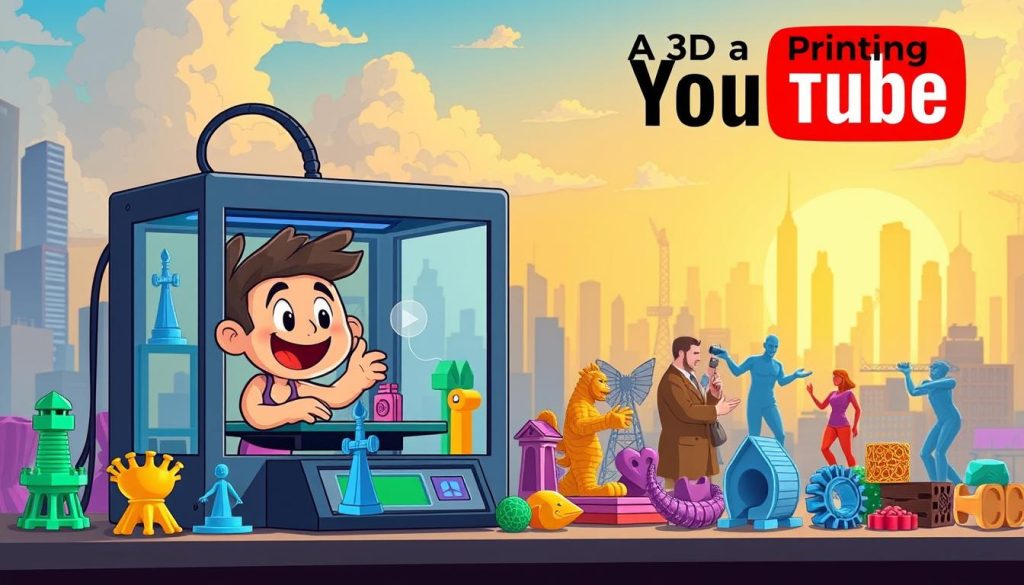A vibrant and whimsical illustration of the benefits of a 3D printing YouTube channel. In the foreground, a cheerful character operates a 3D printer, surrounded by a variety of colorful, creative 3D-printed objects. In the middle ground, additional characters engage with the printed items, showcasing their versatility and potential. The background features a stylized cityscape, with skyscrapers and clouds, hinting at the broad reach and impact of a successful 3D printing YouTube channel. The scene is bathed in warm, inviting lighting, conveying a sense of excitement and opportunity. The overall mood is upbeat and inspiring, capturing the essence of the "Why a 3D Printing YouTube Channel?" section. A vibrant and whimsical illustration of the benefits of a 3D printing YouTube channel. In the foreground, a cheerful character operates a 3D printer, surrounded by a variety of colorful, creative 3D-printed objects. In the middle ground, additional characters engage with the printed items, showcasing their versatility and potential. The background features a stylized cityscape, with skyscrapers and clouds, hinting at the broad reach and impact of a successful 3D printing YouTube channel. The scene is bathed in warm, inviting lighting, conveying a sense of excitement and opportunity. The overall mood is upbeat and inspiring, capturing the essence of the "Why a 3D Printing YouTube Channel?" section.
