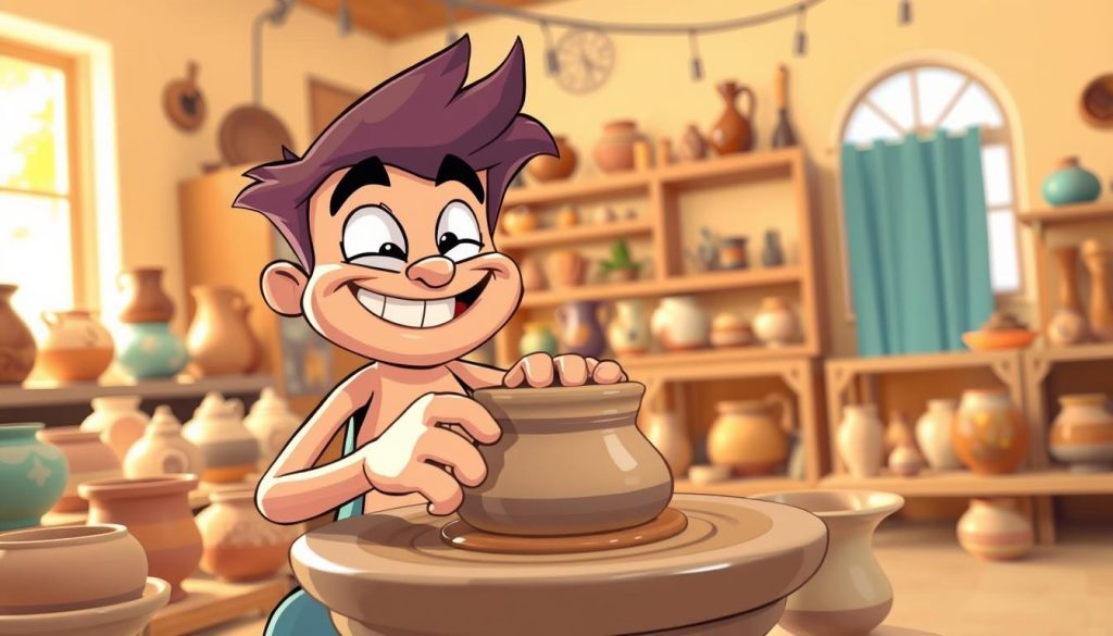 A vibrant and whimsical image of a charismatic cartoon character, "Nechta", who is passionately creating pottery on a potter's wheel in a well-lit studio. The foreground features Nechta, a quirky and endearing figure with a mischievous grin, their hands expertly shaping the clay as it spins. The middle ground showcases an array of handcrafted ceramic pieces, each with a unique shape and texture, hinting at the creativity and skill of the YouTuber. The background is a warm, inviting space filled with natural light, reflecting the joy and artistry of the pottery-making process. The overall composition conveys a sense of playfulness, creativity, and the unique personality of the YouTuber's channel. A vibrant and whimsical image of a charismatic cartoon character, "Nechta", who is passionately creating pottery on a potter's wheel in a well-lit studio. The foreground features Nechta, a quirky and endearing figure with a mischievous grin, their hands expertly shaping the clay as it spins. The middle ground showcases an array of handcrafted ceramic pieces, each with a unique shape and texture, hinting at the creativity and skill of the YouTuber. The background is a warm, inviting space filled with natural light, reflecting the joy and artistry of the pottery-making process. The overall composition conveys a sense of playfulness, creativity, and the unique personality of the YouTuber's channel.