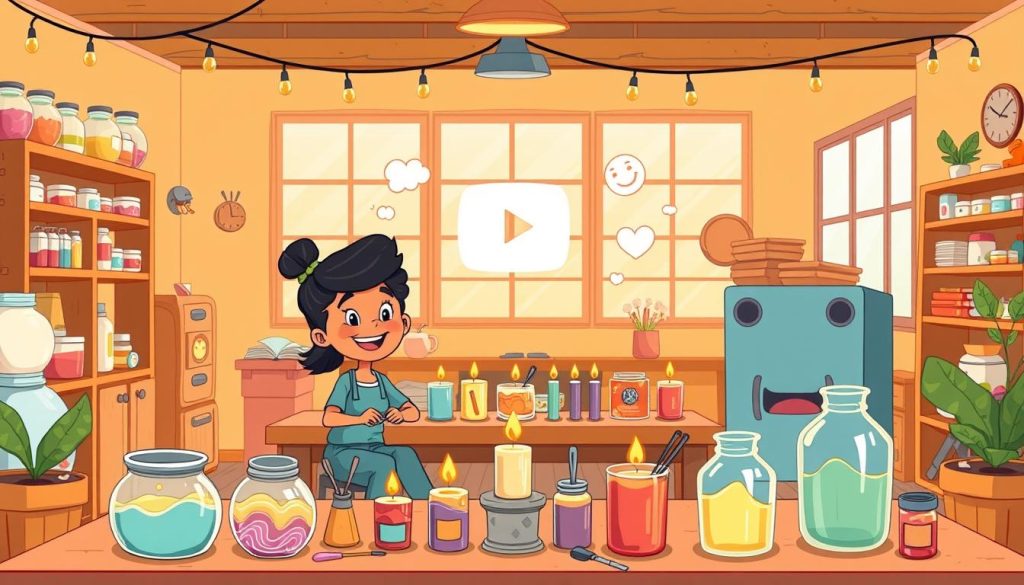 A vibrant and whimsical scene of a crafty YouTuber launching their handmade candle-making channel. In the foreground, a cheerful character sits at a cozy workbench, surrounded by an array of colorful candles, melted wax, and crafting tools. The middle ground features a stylized YouTube logo and playful icons, hinting at the digital world the channel will inhabit. In the background, a warm-toned studio setting with shelves of candle-making supplies and a large window, letting in soft natural light. The overall mood is one of creativity, enthusiasm, and a touch of DIY charm, capturing the essence of starting a handmade candle YouTube channel.