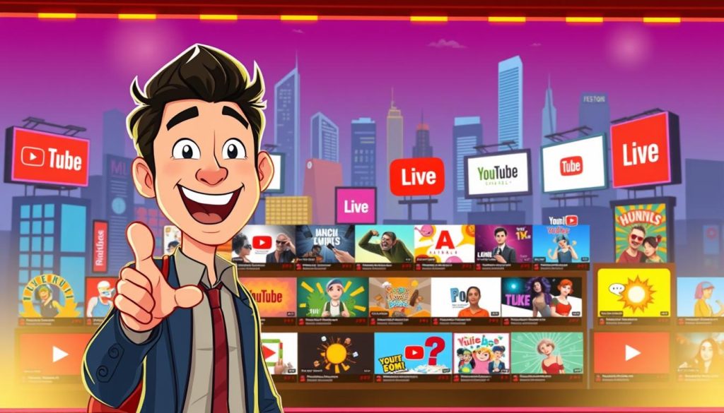A vibrant, animated YouTube channel featuring a diverse range of lively, engaging content. In the foreground, a charismatic presenter gestures enthusiastically, drawing the viewer in. The middle ground showcases a dynamic array of YouTube thumbnails, each with eye-catching graphics and captivating titles. In the background, a stylized cityscape with skyscrapers and billboards creates a bustling, urban atmosphere. The scene is bathed in a warm, inviting color palette, conveying a sense of excitement and creativity. The overall composition radiates a sense of energy and dynamism, reflecting the power of captivating content to captivate and inspire viewers on the YouTube platform.