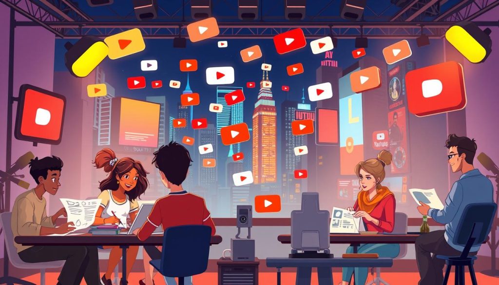 A vibrant, animated YouTube marketing scene featuring a group of diverse content creators collaborating and strategizing. In the foreground, a team of digital artists, vloggers, and influencers brainstorm ideas, sketch storyboards, and edit footage on their laptops and tablets, illuminated by the warm glow of studio lighting. In the middle ground, a colorful array of YouTube channel icons, subscriber counters, and video thumbnails float and interact, showcasing the dynamic nature of the platform. The background depicts a stylized cityscape of skyscrapers, billboards, and neon signs, representing the global reach and endless possibilities of YouTube marketing. A vibrant, animated YouTube marketing scene featuring a group of diverse content creators collaborating and strategizing. In the foreground, a team of digital artists, vloggers, and influencers brainstorm ideas, sketch storyboards, and edit footage on their laptops and tablets, illuminated by the warm glow of studio lighting. In the middle ground, a colorful array of YouTube channel icons, subscriber counters, and video thumbnails float and interact, showcasing the dynamic nature of the platform. The background depicts a stylized cityscape of skyscrapers, billboards, and neon signs, representing the global reach and endless possibilities of YouTube marketing.