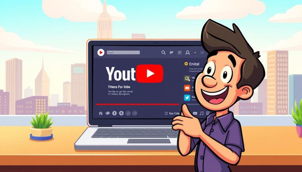 A vibrant, animated YouTube video tutorial scene showcasing effective video descriptions and SEO. In the foreground, a friendly, cartoon-style content creator enthusiastically explains the key elements of optimizing video metadata, with expressive hand gestures and an engaging expression. The middle ground features a sleek, modern laptop display highlighting the YouTube video interface, emphasizing the importance of well-crafted titles, tags, and descriptions. The background depicts a stylized cityscape, conveying the digital, technology-driven nature of the video production and online content creation. Soft, warm lighting and a cheerful, vibrant color palette set an upbeat, informative tone. The scene strikes a balance between educational clarity and whimsical, approachable visuals.