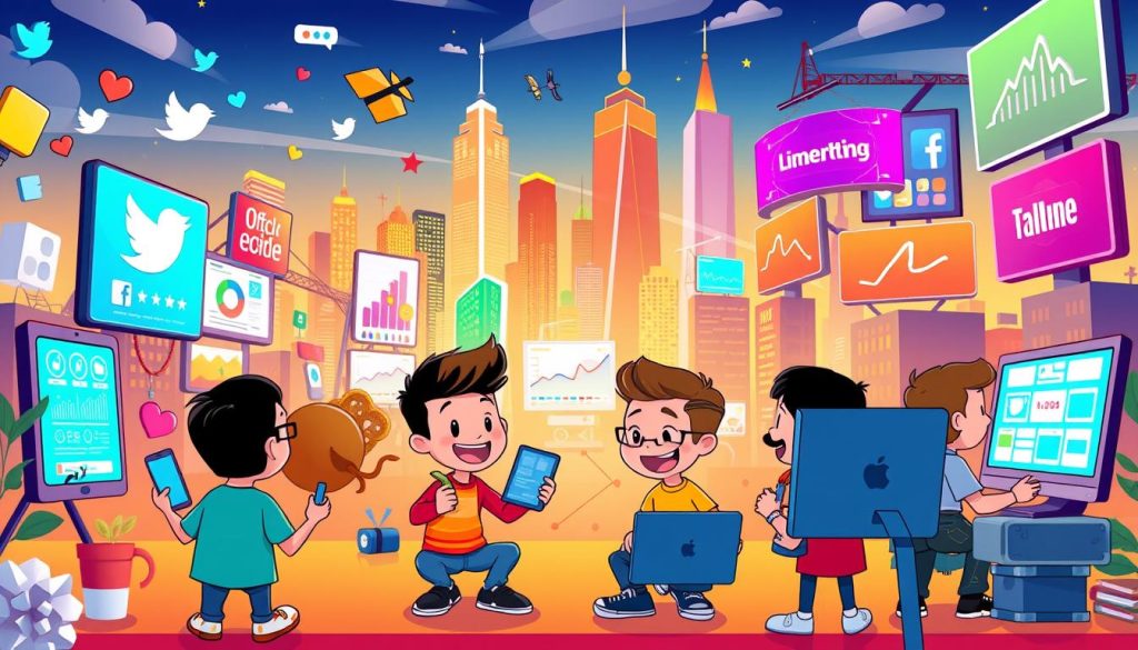 A vibrant, animated digital marketing scene set in the colorful world of social media and online advertising. In the foreground, playful cartoon characters engage with smartphones, laptops, and various digital marketing tools. The middle ground features an array of social media platforms, online ads, and analytics dashboards. The background showcases a lively cityscape with skyscrapers and digital billboards, all bathed in a warm, inviting color palette. The overall atmosphere conveys the dynamic, creative, and tech-savvy nature of modern digital marketing strategies.