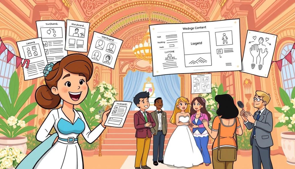 A vibrant, animated illustration showcasing a collage of creative YouTube content ideas for wedding planning. In the foreground, a cartoon wedding planner character enthusiastically presents a variety of visual aids like storyboards, mood boards, and sketches. In the middle ground, a diverse group of couples collaborate on video concepts, gesturing animatedly. The background depicts a stylized wedding venue, with intricate architectural details and a warm, inviting color palette. The scene conveys a sense of excitement, inspiration, and a playful, whimsical aesthetic to capture the imagination of the viewer.