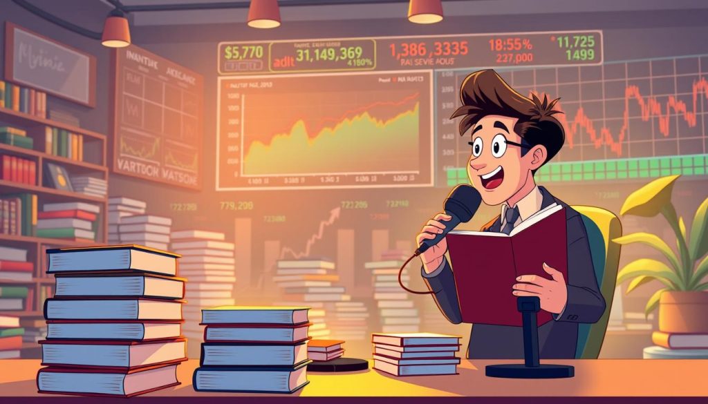 A vibrant, animated scene depicting a YouTuber passionately reviewing books for an adult audience. In the foreground, the YouTuber sits at a well-organized desk, surrounded by stacks of books and a professional microphone. The middle ground showcases a dynamic display of charts, graphs, and financial data, illustrating the potential for monetization and revenue generation from the YouTube channel. In the background, a bustling stock exchange with ticker symbols and fluctuating graphs adds a sense of financial excitement. The lighting is warm and inviting, creating a cozy, intellectual atmosphere. The overall mood is one of enthusiasm, creativity, and financial opportunity.