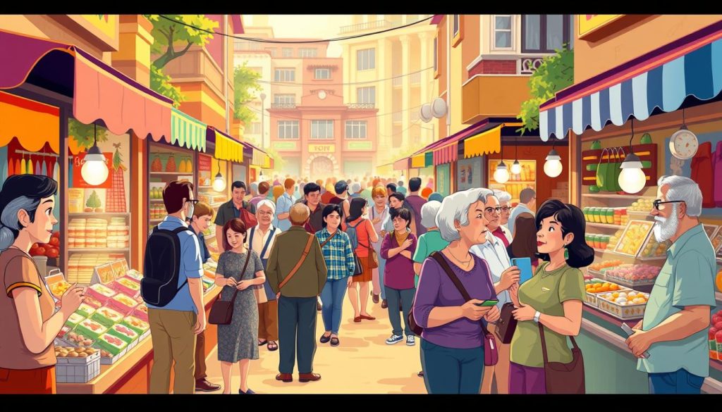 A vibrant, animated scene depicting a diverse group of adults aged 40 and above engaged in various activities in a bustling marketplace. The foreground showcases an array of colorful market stalls, each offering an array of goods and services catered to the needs and interests of the target audience. The middle ground features a lively crowd of middle-aged and older individuals browsing the stalls, chatting, and interacting with vendors. The background depicts a dynamic urban setting with architectural elements that evoke a sense of community and cultural vibrancy. The lighting is warm and inviting, creating a welcoming atmosphere that captures the energy and engagement of the target market. The overall composition conveys a sense of inclusivity, activity, and the potential for personal growth and enrichment within this demographic.