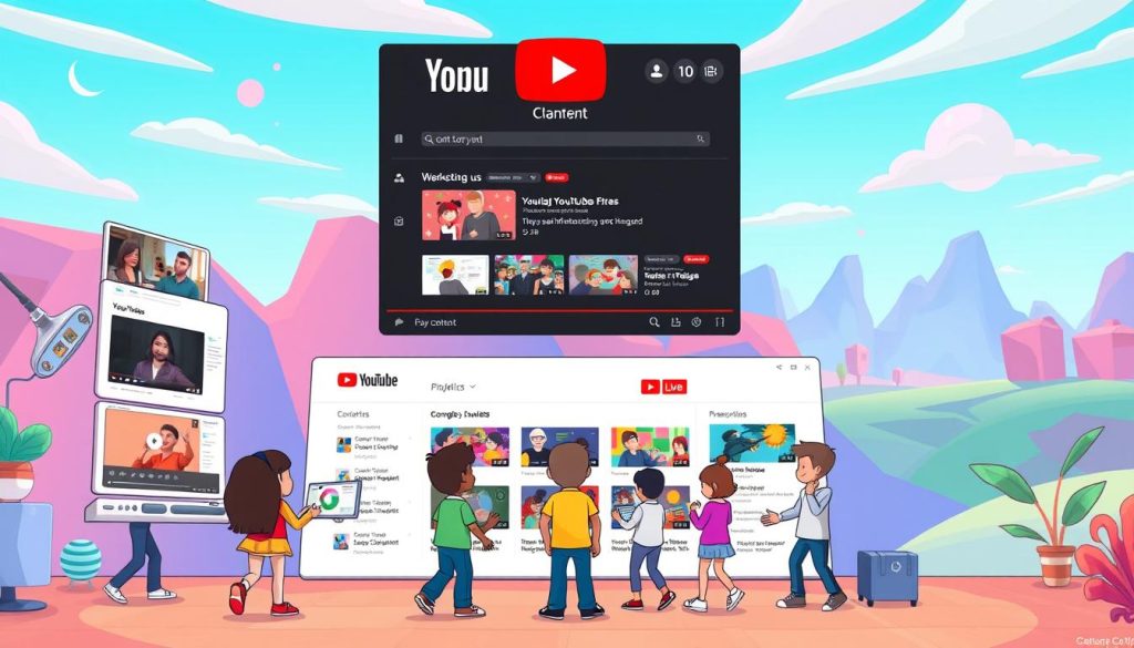 A vibrant, animated scene depicting the content structure of a YouTube channel. In the foreground, a group of playful, cartoon-style characters navigate a dynamic interface, interacting with various elements such as video thumbnails, playlists, and analytics tools. The middle ground showcases a central hub where content is organized, with sections for different types of videos, channels, and subscriptions. In the background, a colorful, abstract landscape represents the broader YouTube ecosystem, with interconnected networks and platforms. The overall atmosphere is energetic, inviting, and visually engaging, conveying the excitement and possibilities of curating an informative, entertaining YouTube channel. A vibrant, animated scene depicting the content structure of a YouTube channel. In the foreground, a group of playful, cartoon-style characters navigate a dynamic interface, interacting with various elements such as video thumbnails, playlists, and analytics tools. The middle ground showcases a central hub where content is organized, with sections for different types of videos, channels, and subscriptions. In the background, a colorful, abstract landscape represents the broader YouTube ecosystem, with interconnected networks and platforms. The overall atmosphere is energetic, inviting, and visually engaging, conveying the excitement and possibilities of curating an informative, entertaining YouTube channel.