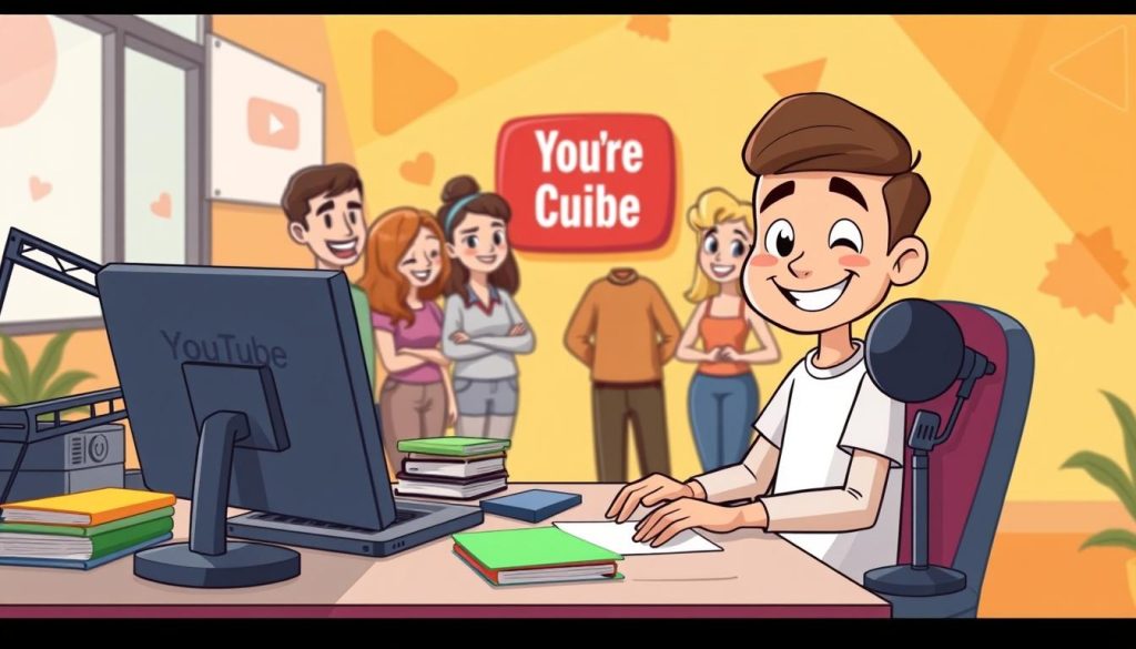 A vibrant, animated scene depicting the launch of a YouTube channel. In the foreground, a cheerful, cartoon-style character sits at a desk, surrounded by various digital devices and creative tools - a laptop, a microphone, and a stack of colorful notepads. The character's expression is one of focused determination, as they diligently work on setting up their new channel. In the middle ground, a group of similarly stylized characters gather around, offering encouragement and advice. The background features a warm, inviting color palette, with playful, geometric patterns and shapes adding a sense of energy and dynamism. The overall atmosphere is one of excitement, creativity, and the promise of a successful YouTube venture. A vibrant, animated scene depicting the launch of a YouTube channel. In the foreground, a cheerful, cartoon-style character sits at a desk, surrounded by various digital devices and creative tools - a laptop, a microphone, and a stack of colorful notepads. The character's expression is one of focused determination, as they diligently work on setting up their new channel. In the middle ground, a group of similarly stylized characters gather around, offering encouragement and advice. The background features a warm, inviting color palette, with playful, geometric patterns and shapes adding a sense of energy and dynamism. The overall atmosphere is one of excitement, creativity, and the promise of a successful YouTube venture.