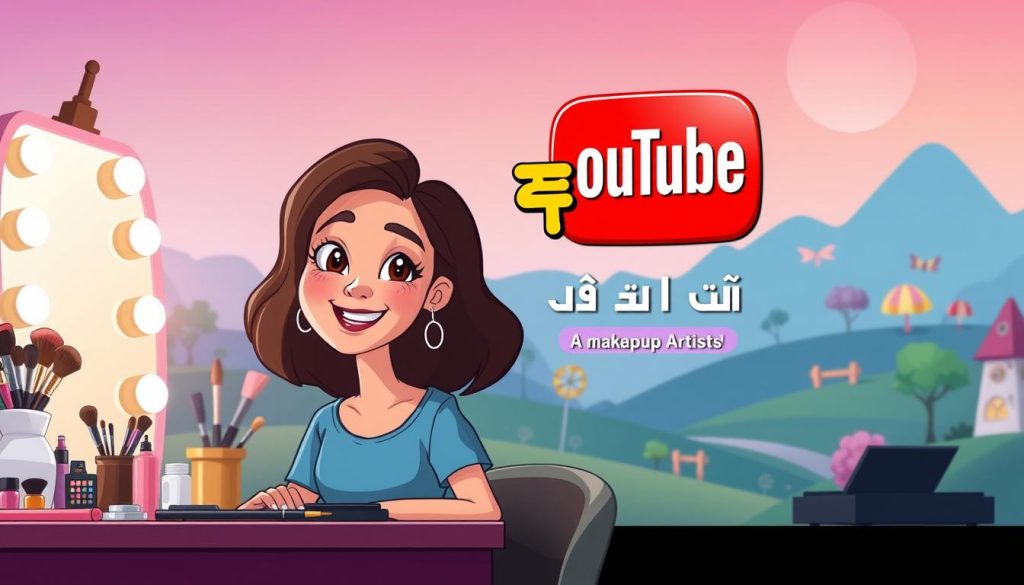 A vibrant, animated scene depicting the start of a makeup artist's YouTube channel. In the foreground, a young, creative woman with a warm, friendly expression sits at a well-lit vanity, surrounded by an array of makeup brushes, palettes, and other professional tools. The middle ground features a colorful, stylized YouTube logo and channel name, "شروع کانال یوتیوب," conveying the excitement and energy of launching a new creative venture. The background showcases a whimsical, illustrated landscape with playful elements that capture the imagination, reflecting the artistic and engaging nature of the makeup content. The lighting is soft and inviting, creating a welcoming atmosphere that invites the viewer to engage with the channel's content.