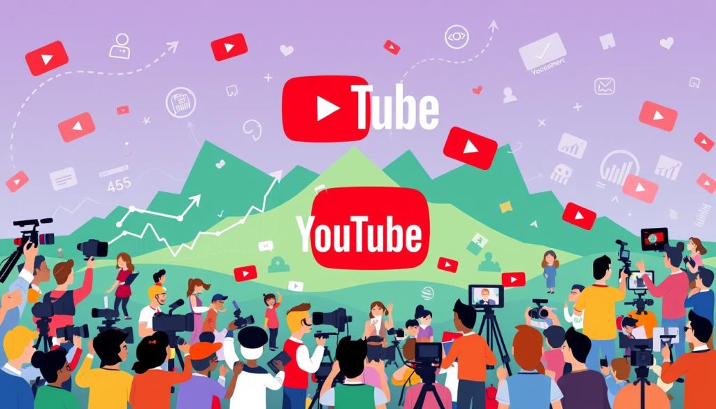 A vibrant, animated scene depicting the various trends and trajectories of YouTube content creation. In the foreground, a diverse array of colorful, stylized characters engage with video cameras, microphones, and editing software, representing the wide spectrum of YouTubers. In the middle ground, a dynamic landscape of rising and falling subscriber counts, view metrics, and trending topics swirls and shifts, illustrating the ever-evolving nature of the platform. In the background, a stylized rendering of the YouTube logo and interface elements provide a cohesive, recognizable context. The overall scene conveys a sense of energy, creativity, and the constant flux of the YouTube ecosystem.