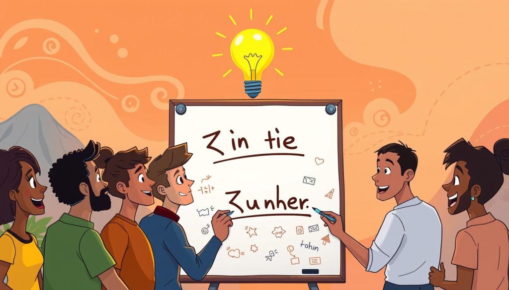 A vibrant, animated scene depicting the "انتخاب نام کانال" process. In the foreground, a diverse group of characters brainstorm, sketching ideas on a whiteboard. Their faces are filled with excitement and inspiration. In the middle ground, a large glowing lightbulb symbolizes the moment of eureka, as the perfect name emerges. The background features a stylized, abstract landscape with swirling shapes and patterns, conveying the creativity and imagination inherent in the naming process. Warm, vibrant colors and a dynamic, playful composition capture the energy and spirit of this important step in building a successful YouTube channel.