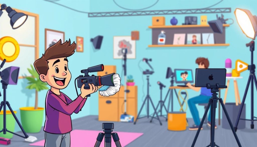 A vibrant, animated scene depicting various types of video content creation for a home cleaning YouTube channel. In the foreground, an enthusiastic character films a tutorial on proper mop techniques, using a sleek, modern camera setup. In the middle ground, another character edits footage on a laptop, experimenting with dynamic transitions and visual effects. In the background, a colorful array of video production tools and equipment - lighting rigs, microphones, tripods - create a sense of a well-equipped studio space. The overall mood is one of creativity, energy, and a passion for sharing helpful home cleaning tips through engaging video formats.